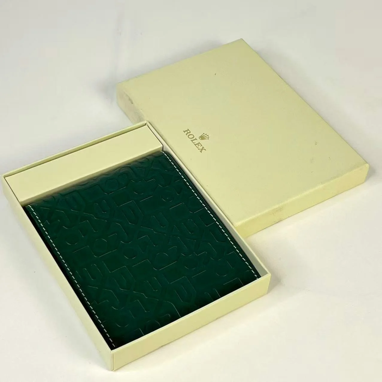 Rolex Green Leather Bifold Wallet with Crown Logo and Original Box